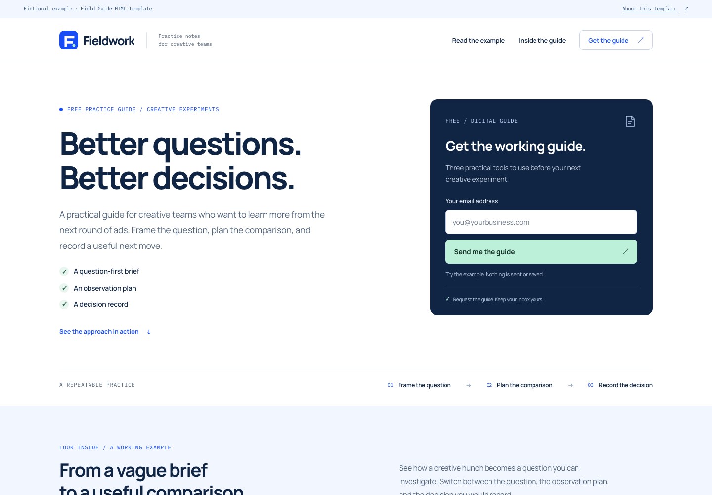 The actual Field Guide landing-page template for Fieldwork