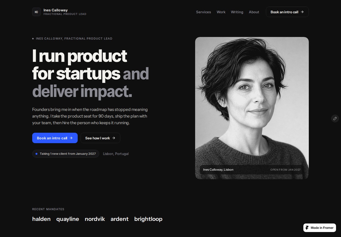 Mandate’s actual Framer preview, showing the example profile of Ines Calloway